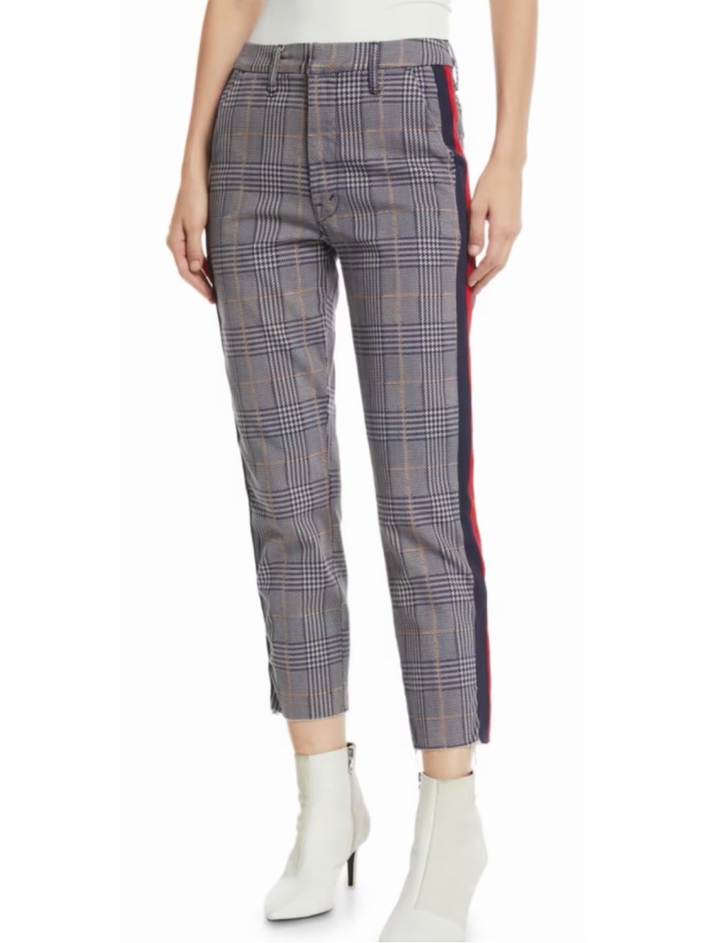 MOTHER The Shaker Prep Fray Plaid Ankle Pants with Side Stripe Navy